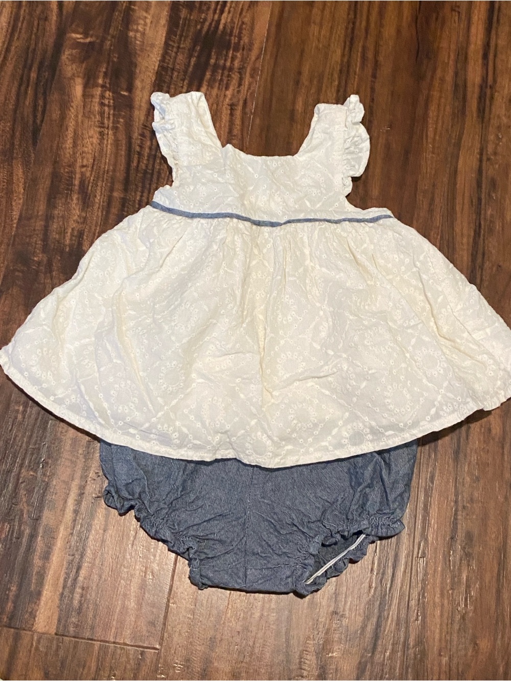Tahari White Eyelet Top with Denim Chambray Bloomers